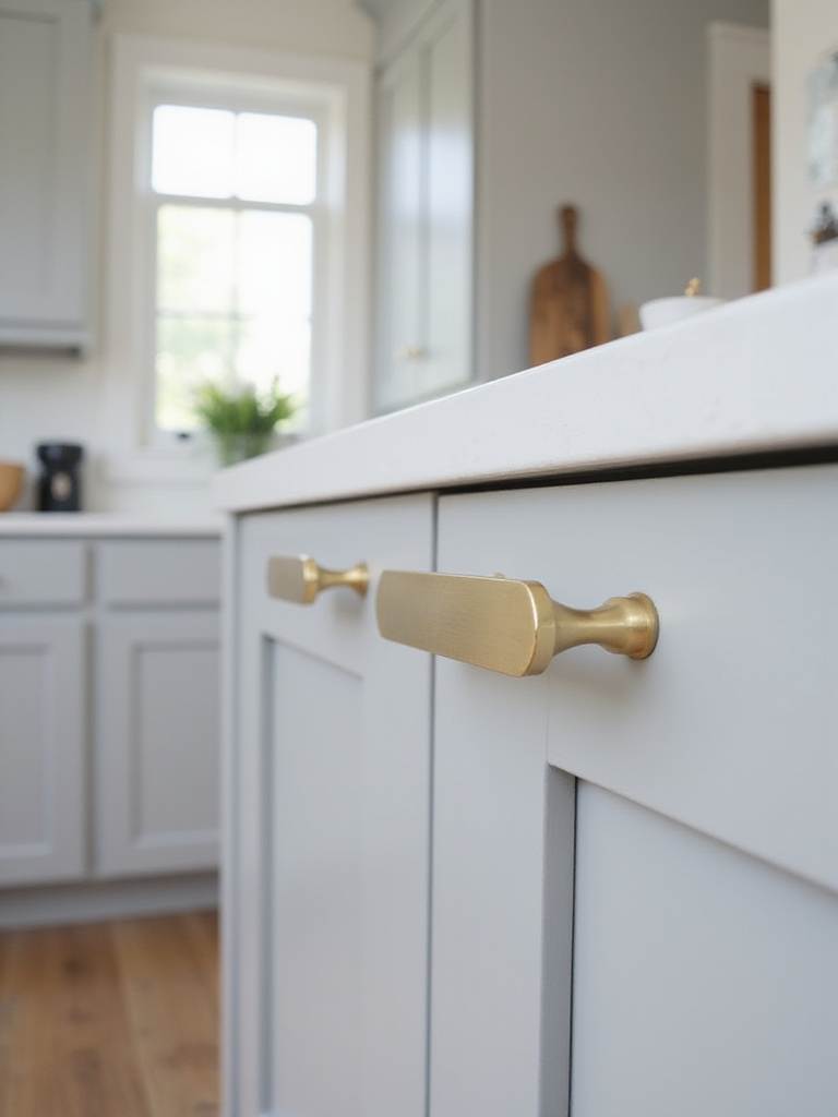 Close-up of a modern brushed brass kitchen cabinet pull on a light gray cabinet.
