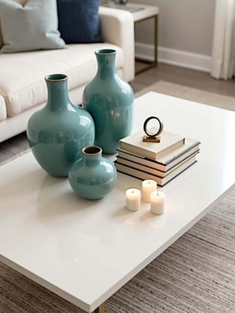 Coffee table styling with harmonious groupings of teal vases, stacked books with a magnifying glass, and white pillar candles.