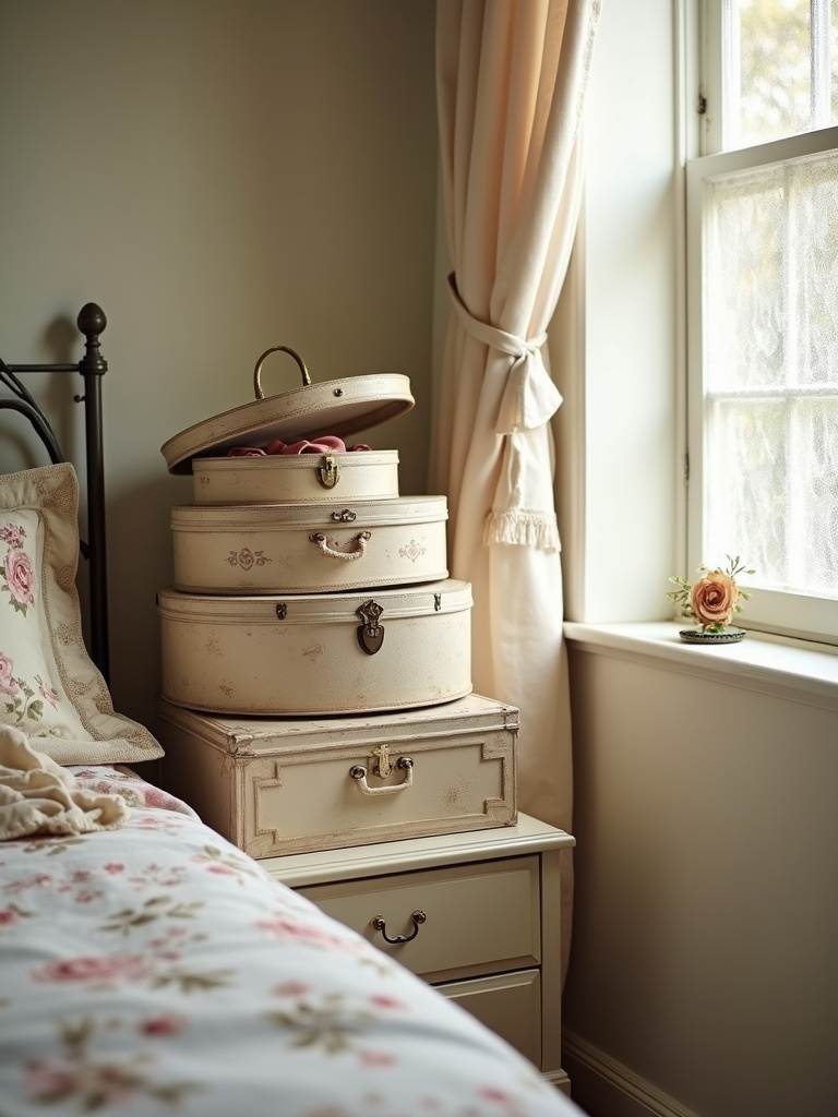 Stacked vintage hat boxes used as stylish storage in a vintage bedroom.