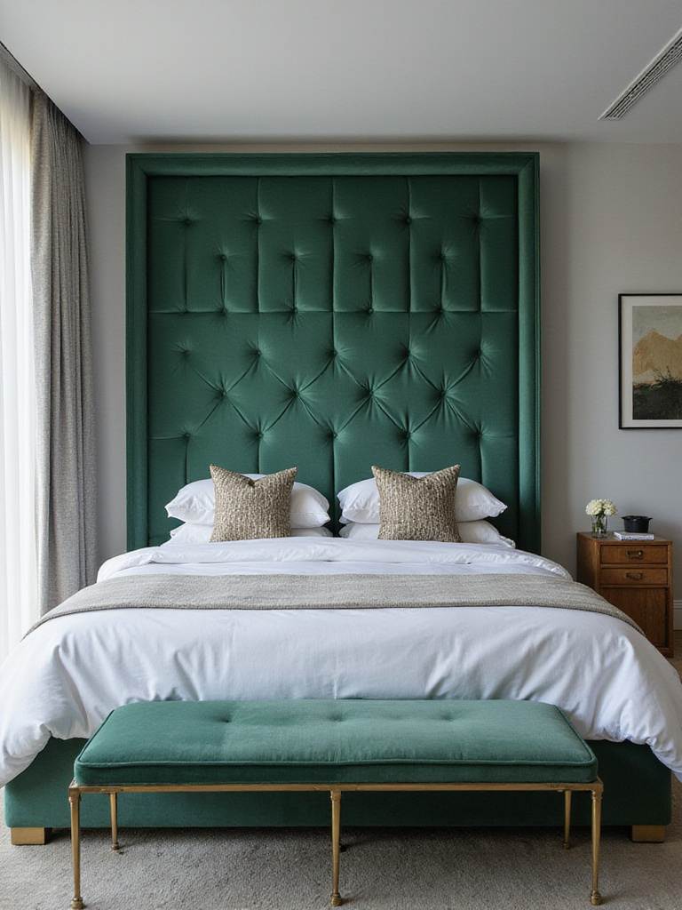 Emerald green velvet tufted headboard as focal point in modern bedroom