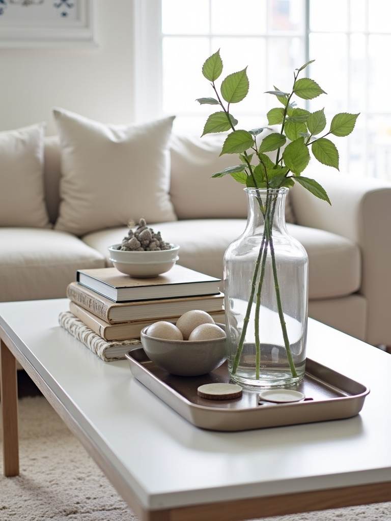 Coffee table styling with varying heights, featuring books, sculpture, vase, and bowl.