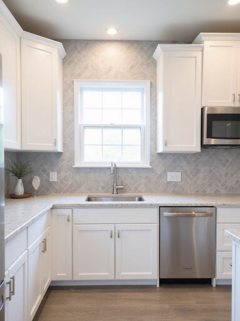 Contemporary kitchen with light gray matte herringbone tile backsplash