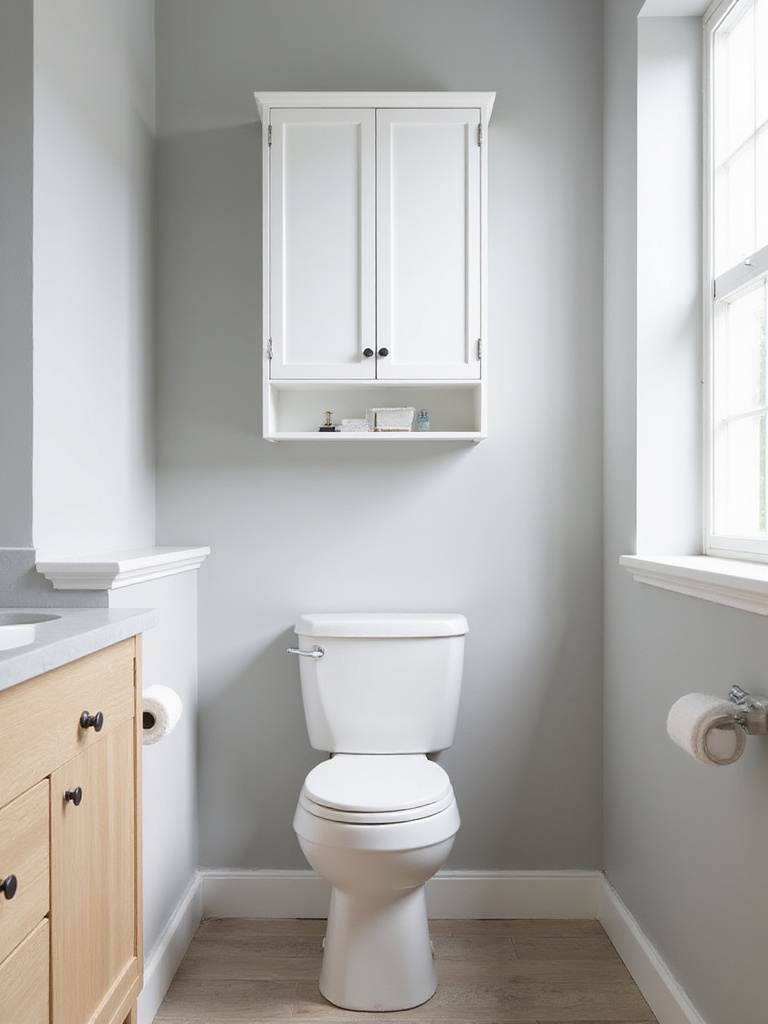White over-toilet cabinet with doors in a modern bathroom