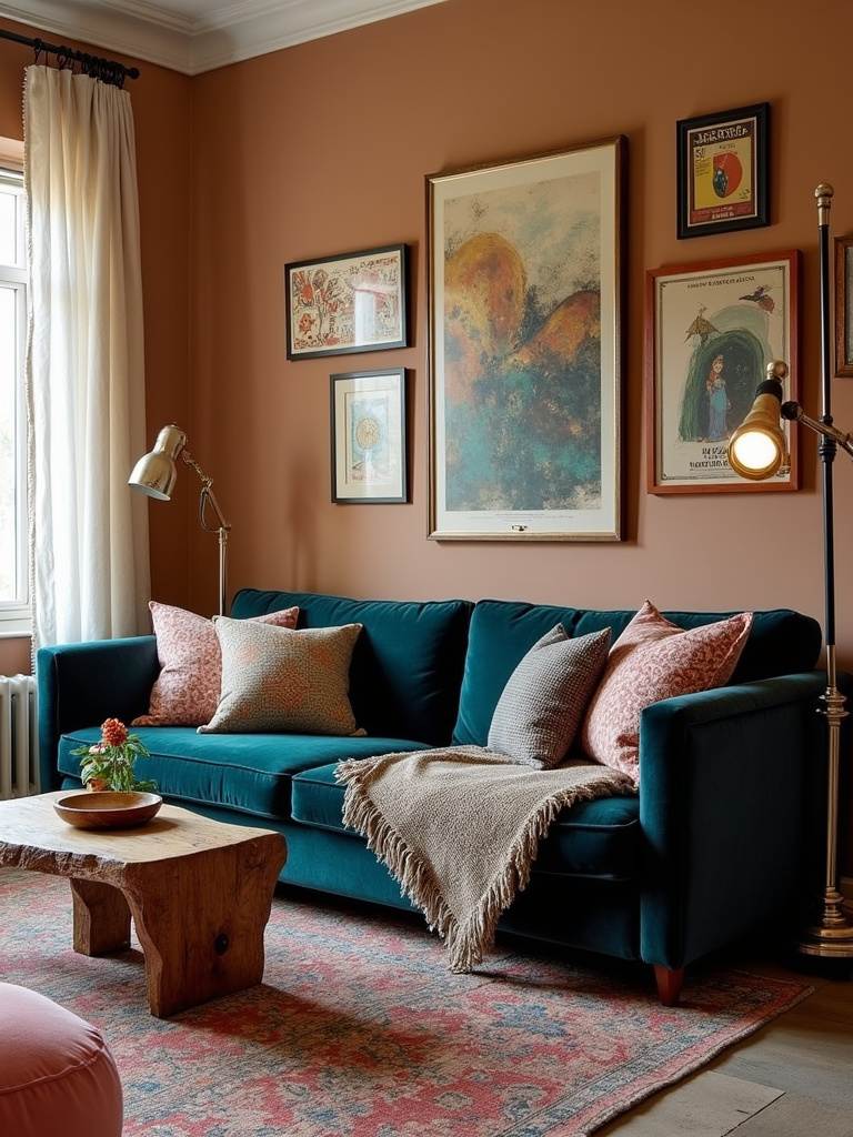 Eclectic living room with designer sofa, upcycled coffee table, and mix of high-end and budget-friendly decor.