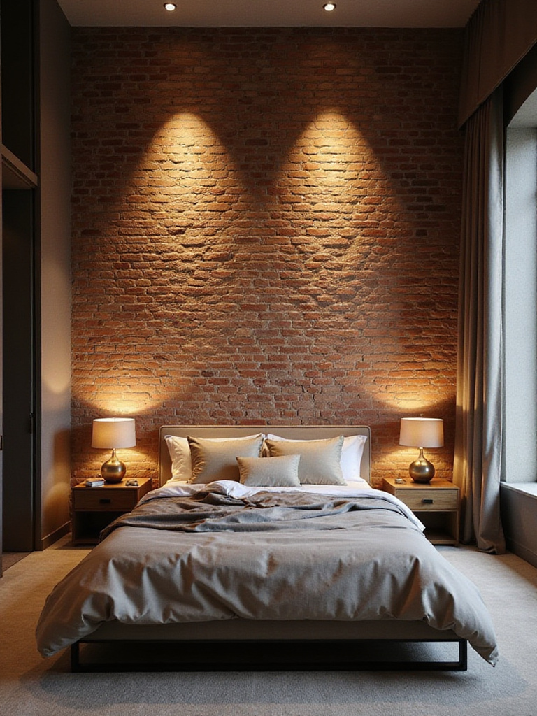 Exposed brick wall highlighted with accent lighting in a modern bedroom.