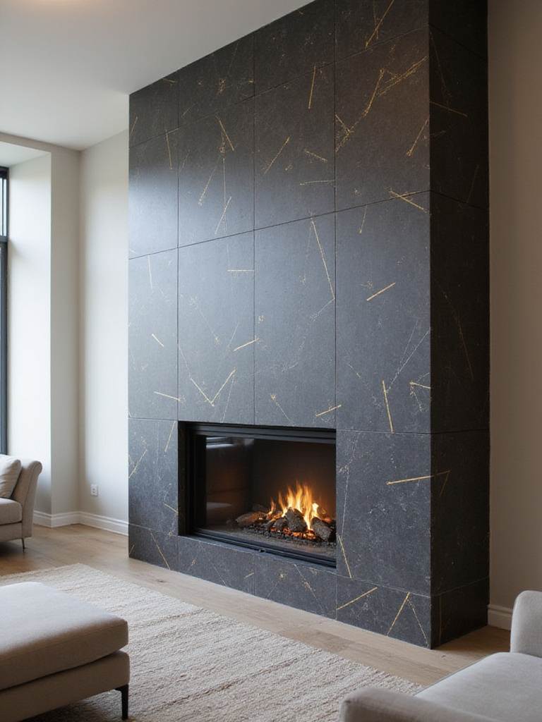 Living room with geometric wallpaper highlighting the fireplace surround.