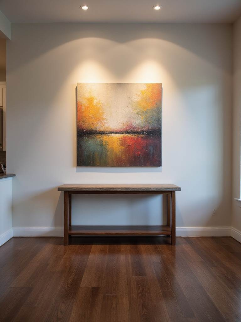 Living room with spotlights highlighting a painting above a console table.