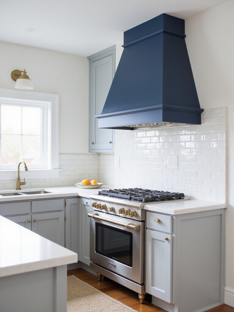 Modern kitchen with light gray cabinets and a striking navy blue range hood