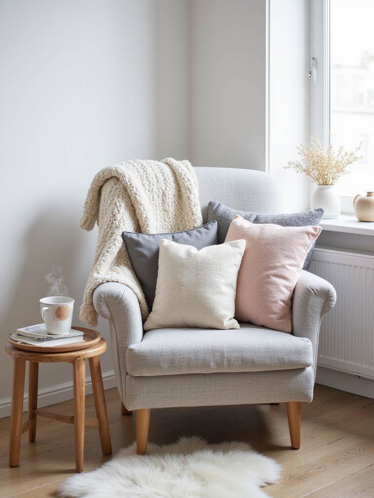Scandinavian living room cozy corner with soft throws and plush cushions