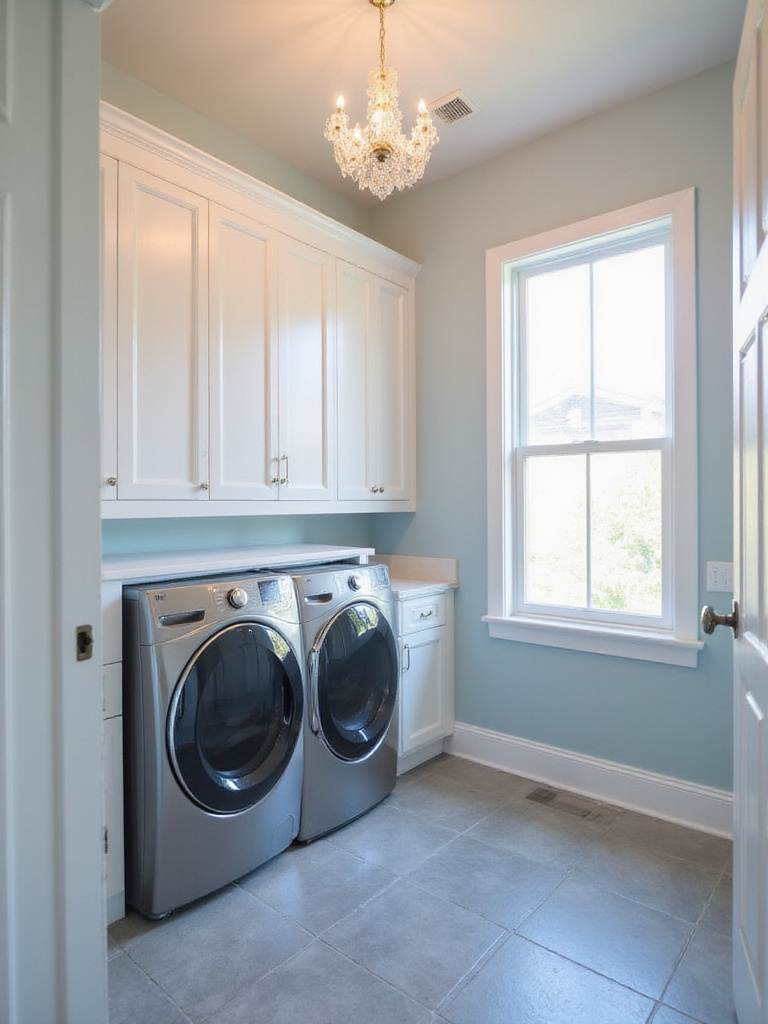 Elegant laundry room with crystal chandelier