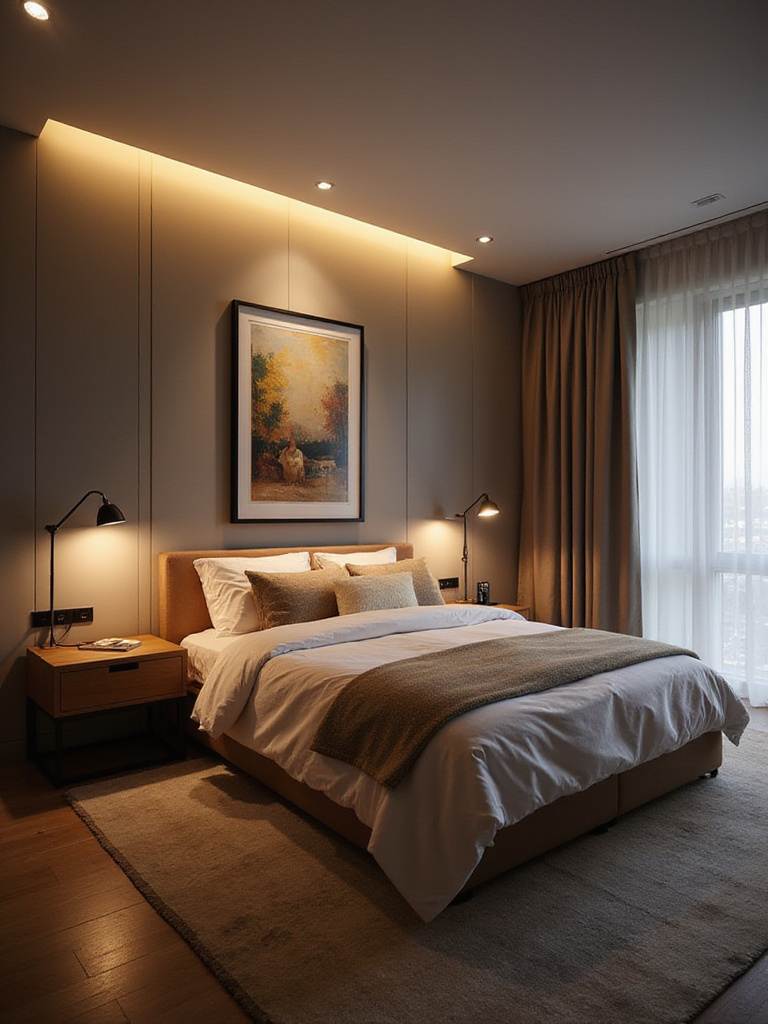 Bedroom with layered lighting showing ambient, task, and accent light sources.