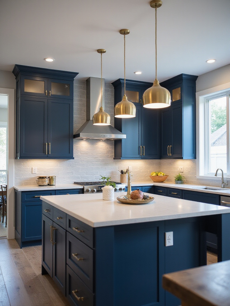 Modern blue kitchen with brushed gold pendant lighting and under-cabinet lighting