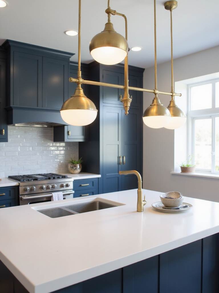 Kitchen island with three gold pendant lights illuminating a white countertop.