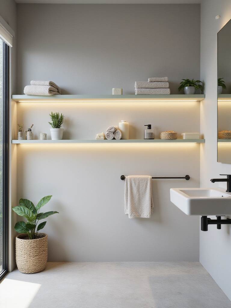 Bathroom with illuminated glass shelves displaying decorative items.