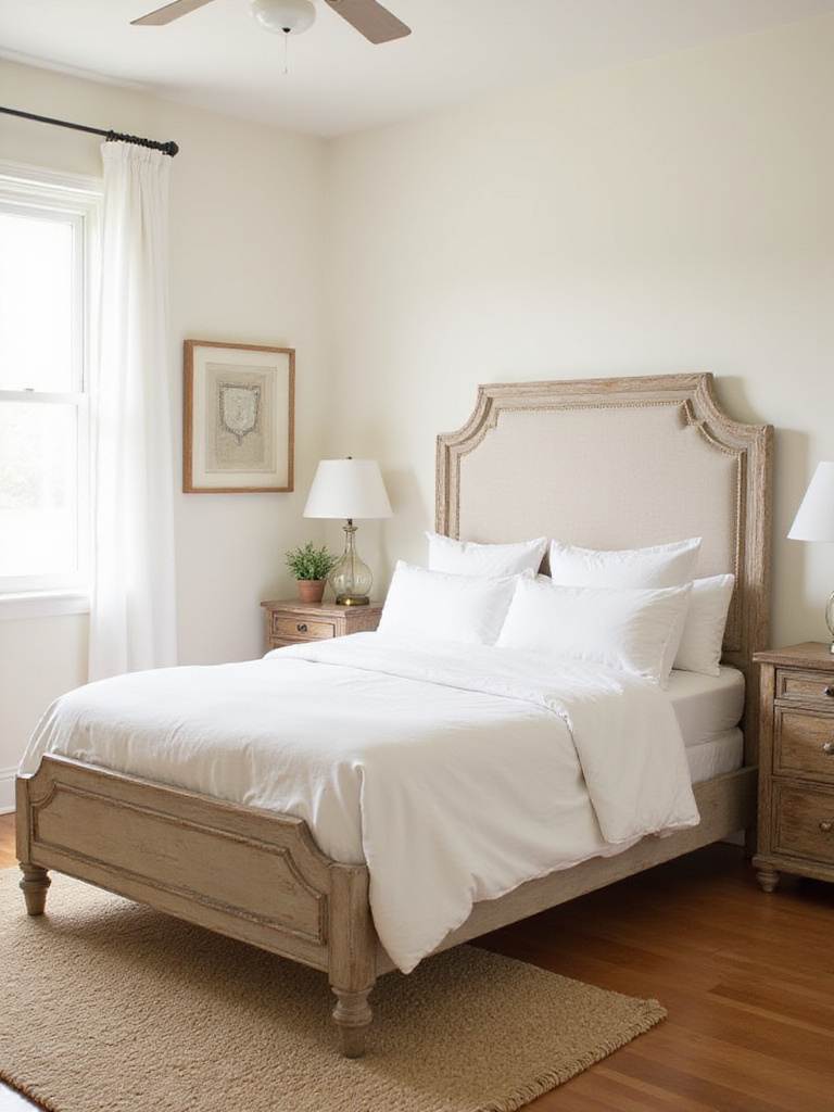 Farmhouse bedroom featuring a distressed wood bed frame and nightstands for a rustic and cozy aesthetic.