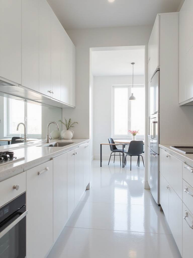 Small kitchen remodel with mirrored backsplash reflecting light and creating a sense of spaciousness