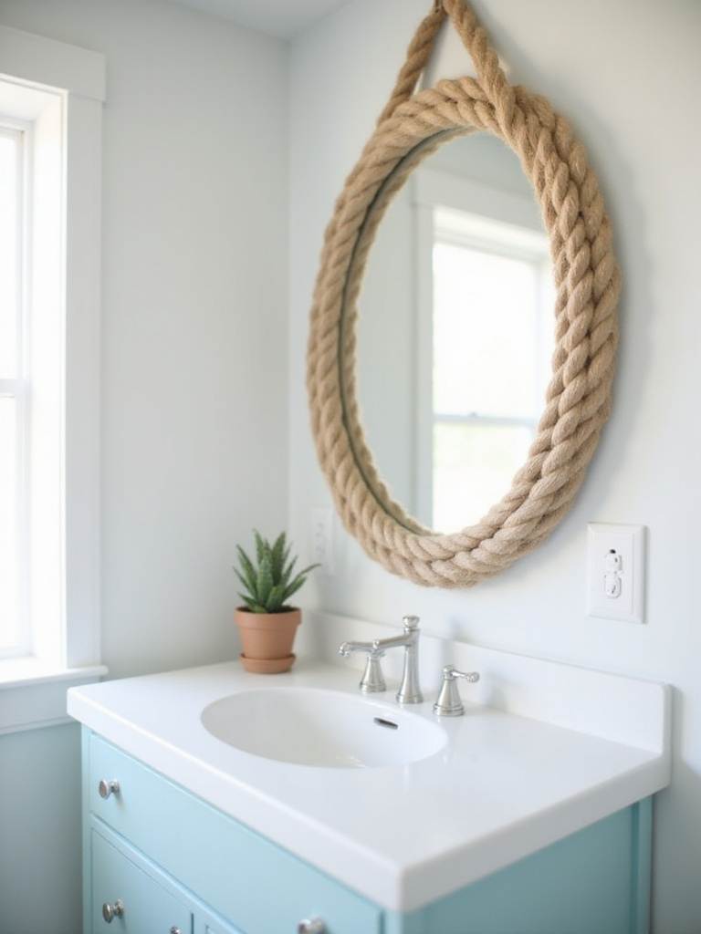 Bathroom mirror framed with natural rope for a coastal accent