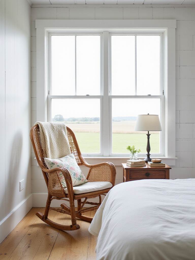 Farmhouse bedroom with wicker rocking chair in cozy corner