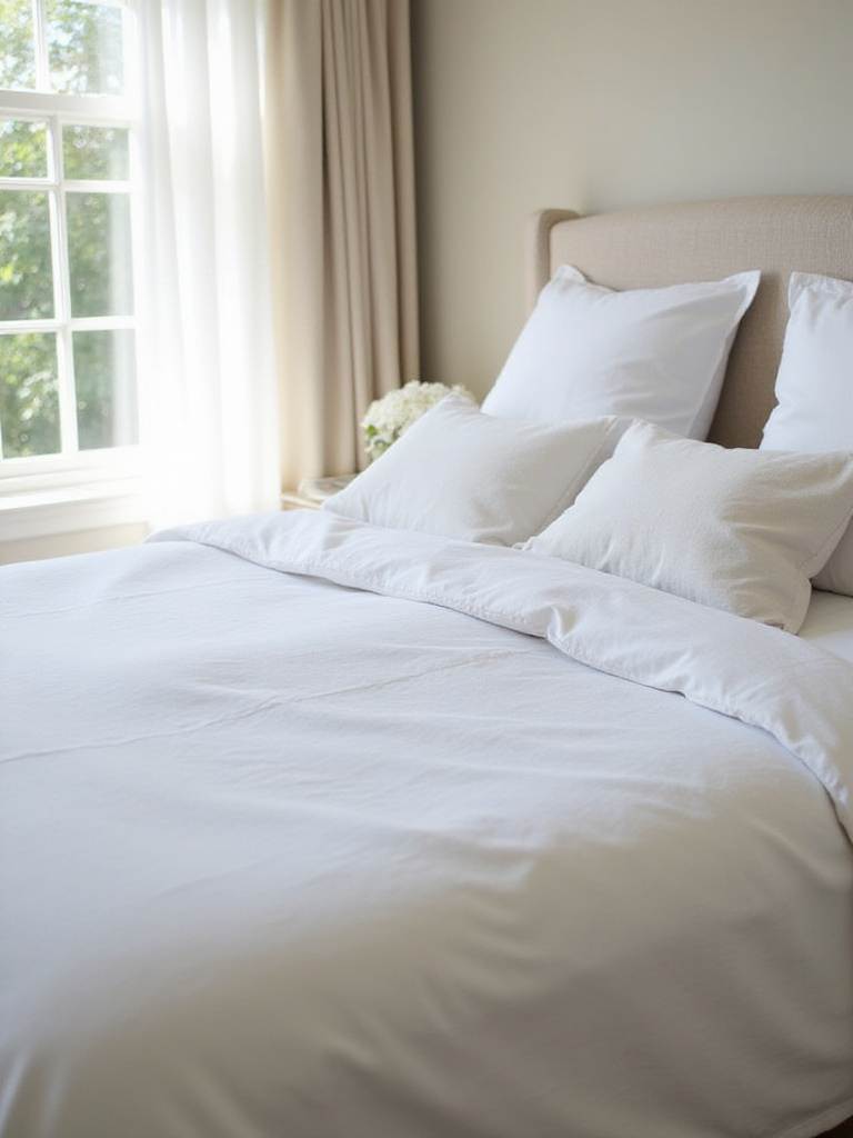 Luxurious white high-thread count linen bedding on a king-size bed in a master bedroom.