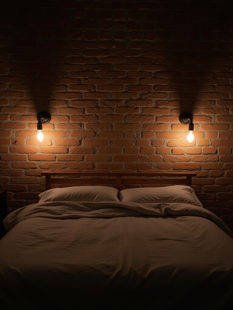 Bedroom with industrial chic lighting featuring exposed bulb sconces.