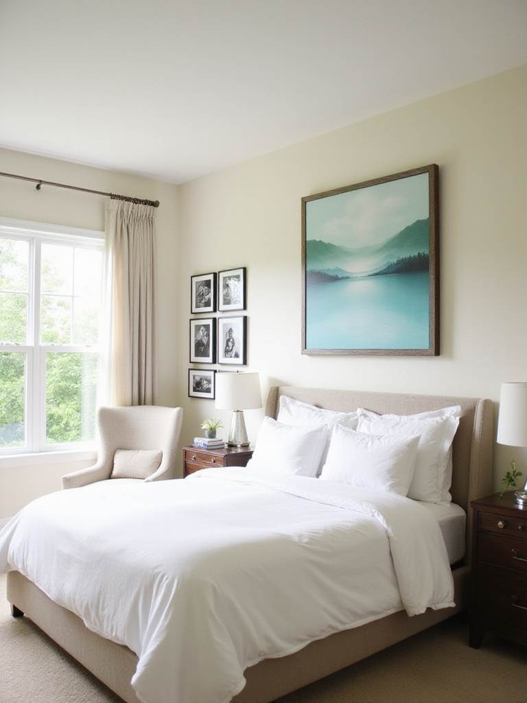 Master bedroom with abstract art above the bed and a gallery wall featuring black and white photos.