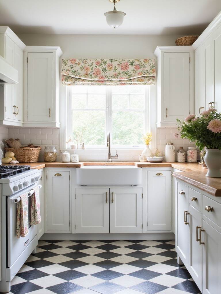 Cottage kitchen with checkered floor and floral patterned window shade.