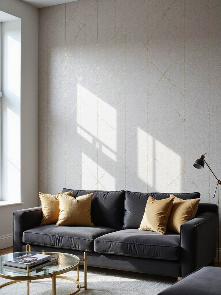 Living room with light gray wallpaper featuring subtle gold geometric accents