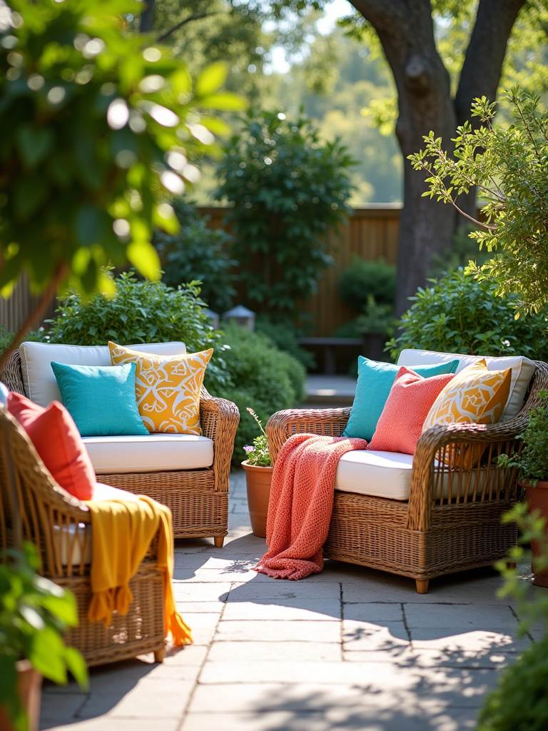 Vibrant accent pillows and throws on outdoor patio furniture add personality and comfort.