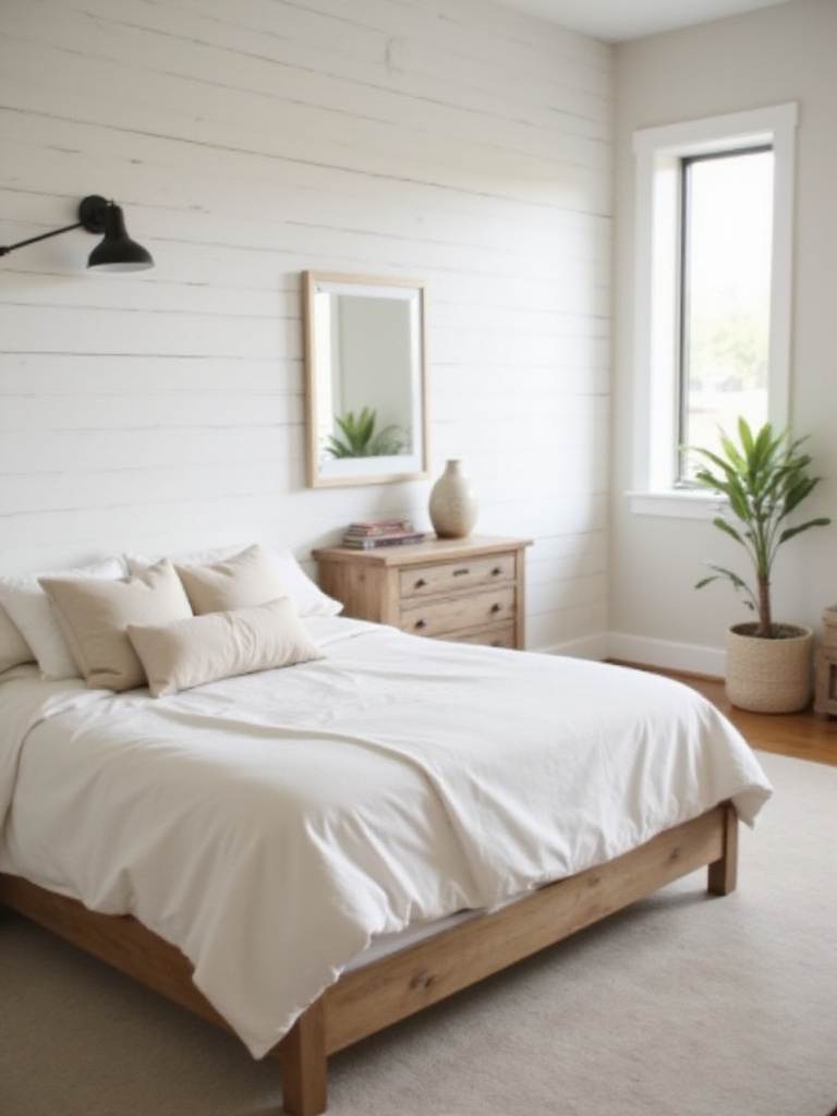 Farmhouse bedroom with white shiplap accent wall.