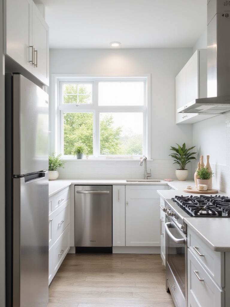 Small kitchen with compact refrigerator, slimline dishwasher, and induction cooktop.