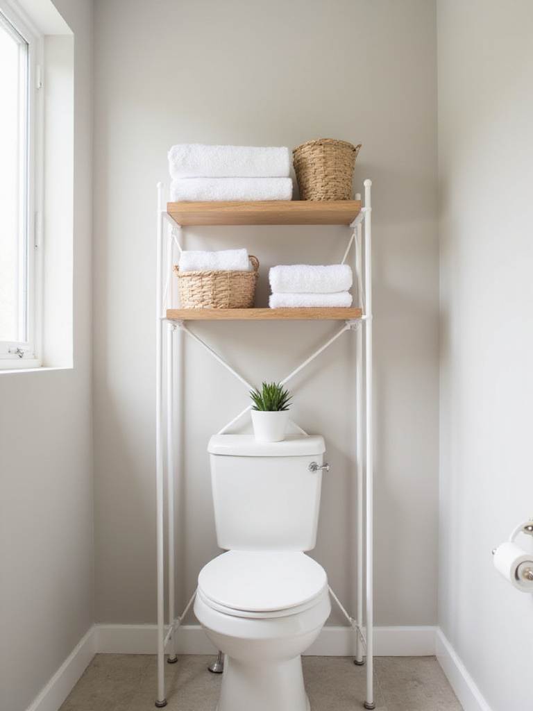 Modern bathroom with a freestanding over-toilet shelf for extra storage