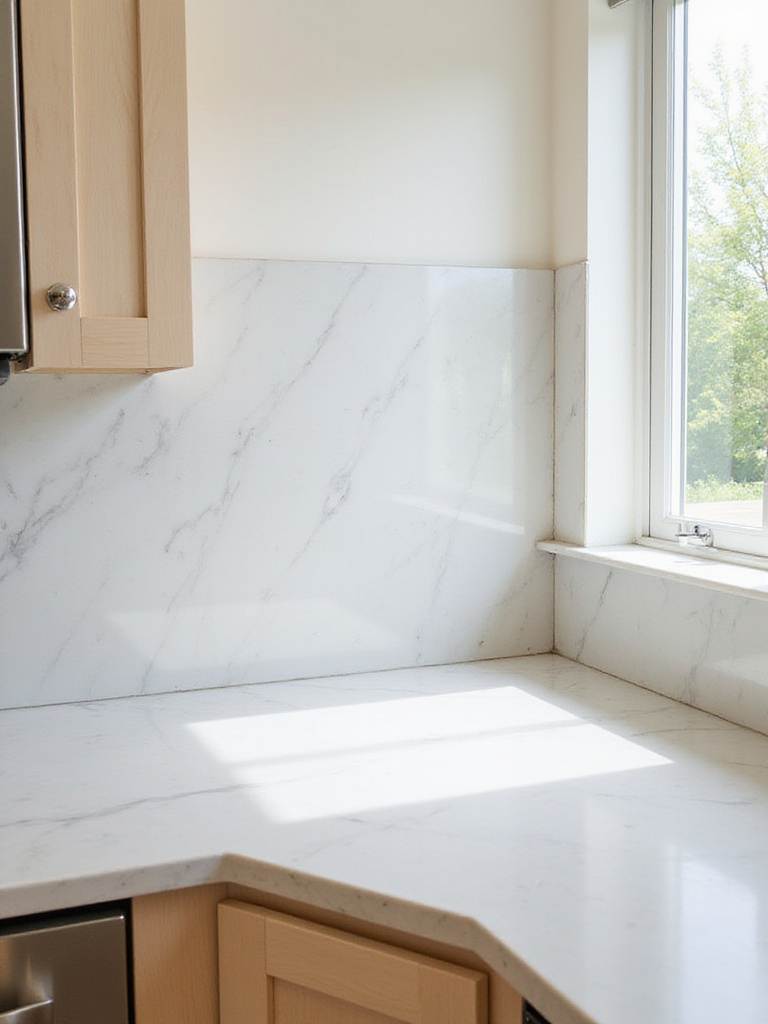Modern kitchen with white quartz countertop and integrated backsplash for a seamless look