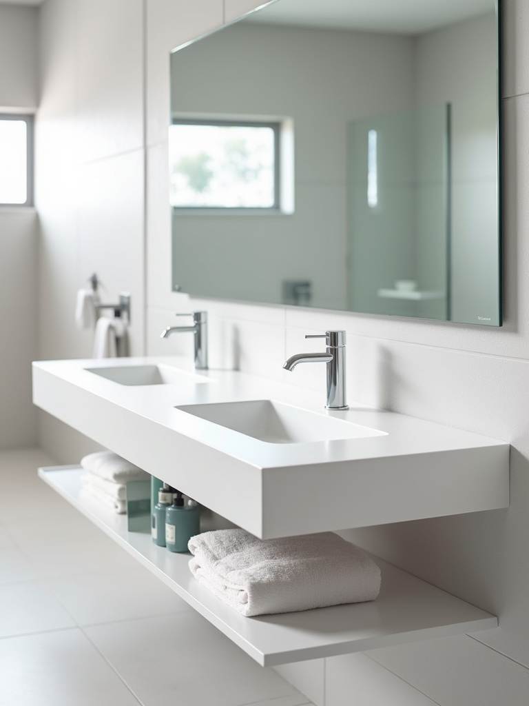 Modern bathroom with white integrated sink vanity for seamless style and easy cleaning