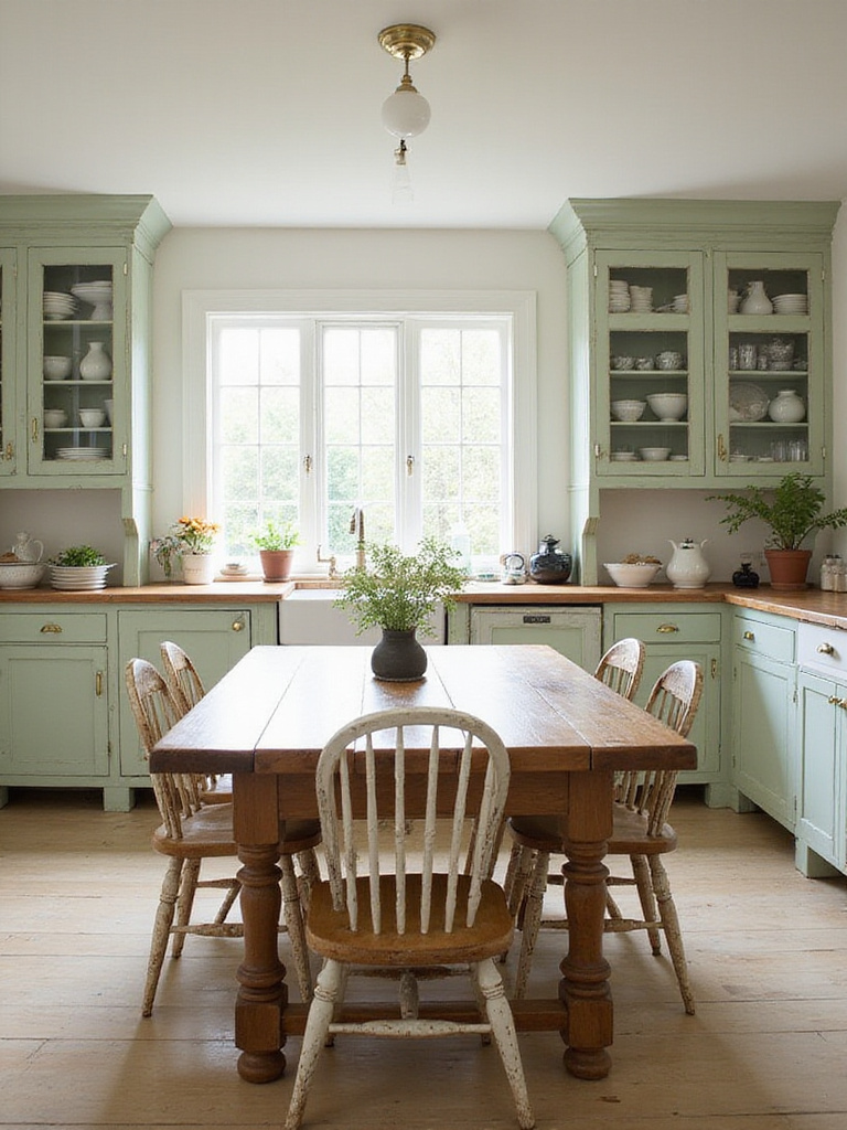 Cottage kitchen with distressed green cabinets, antique farmhouse table, and mismatched chairs.