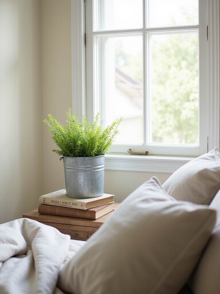 Farmhouse bedroom with galvanized metal planter on bedside table