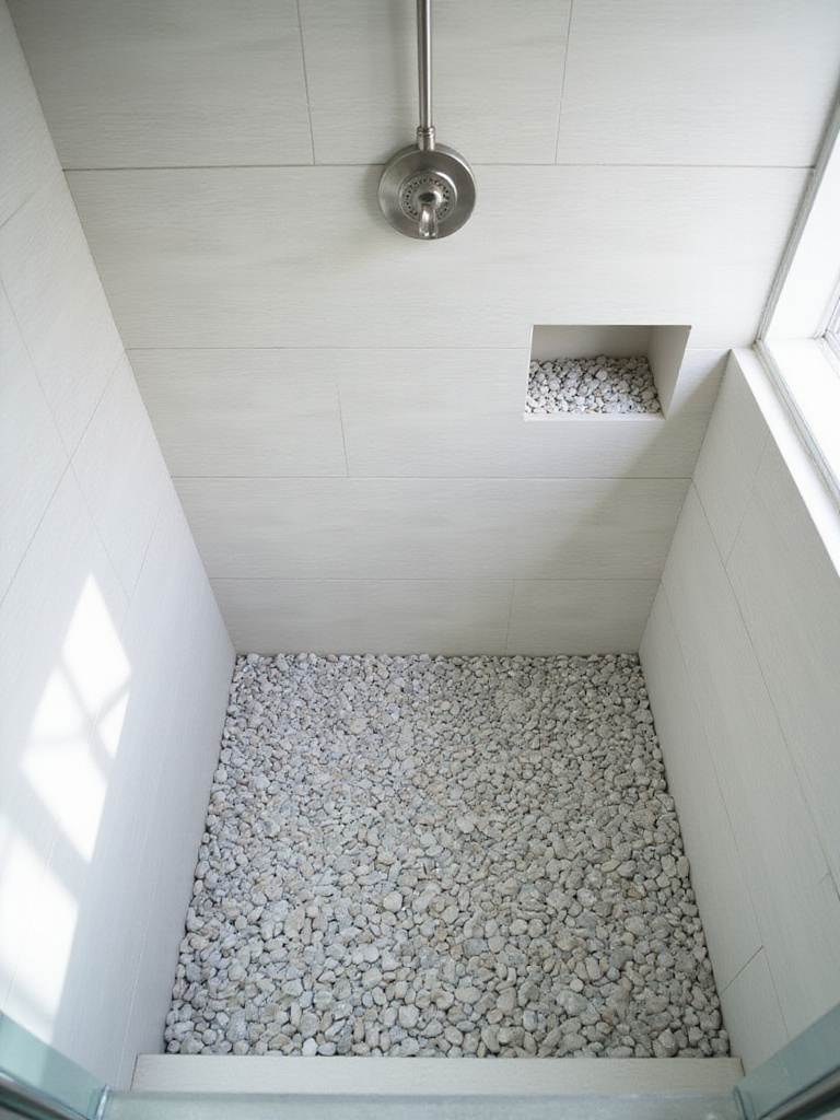Coastal bathroom shower floor covered in smooth river pebbles.
