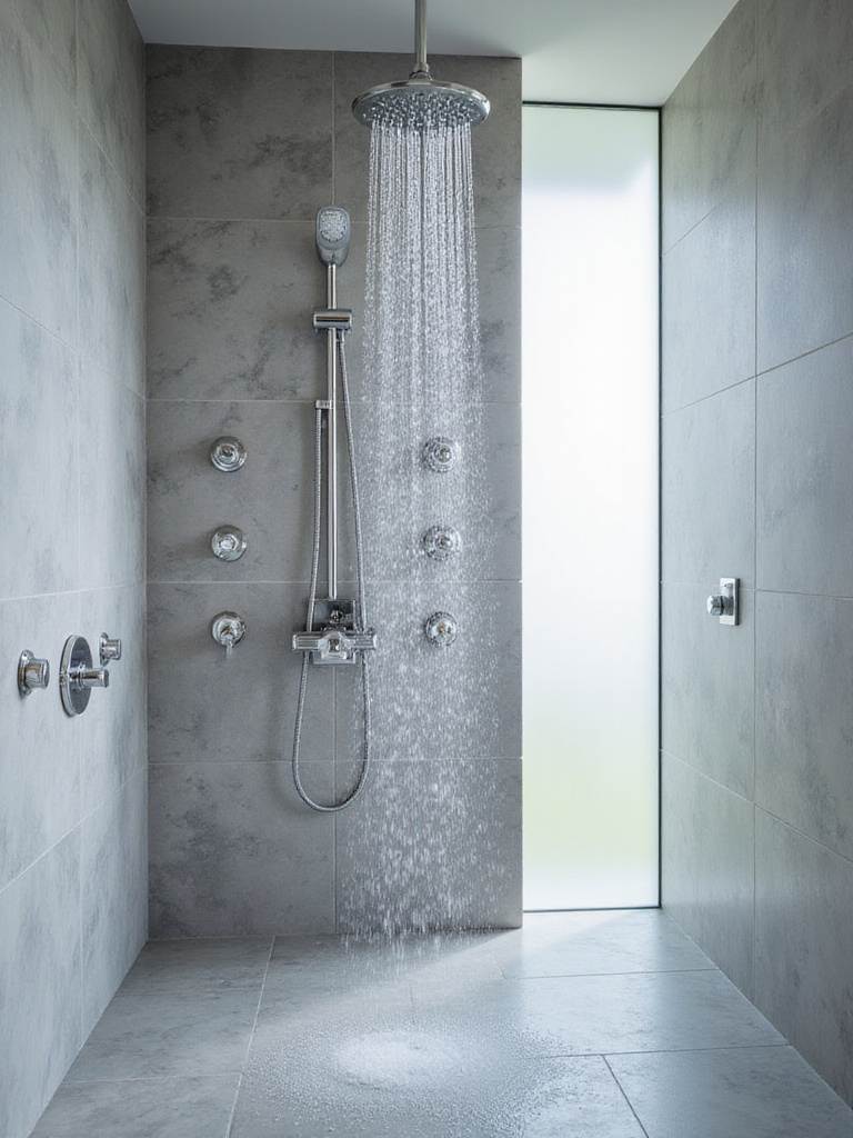 Modern shower with marble tiles and body jets providing a spa-like experience