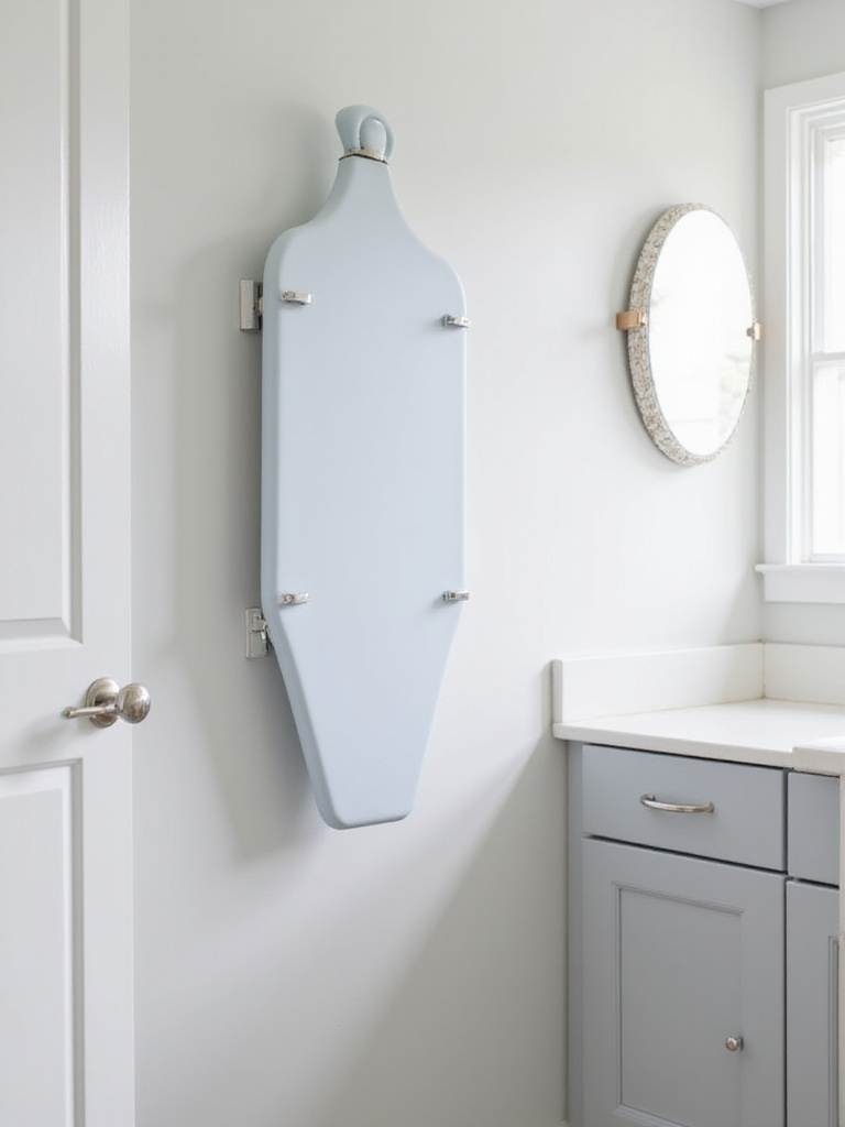 Space-saving wall-mounted ironing board folded flush against a laundry room wall with a decorative mirror nearby.
