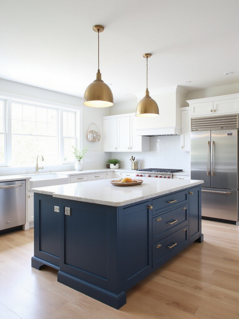 Navy blue kitchen island with quartz countertop and brass pendant lights in a modern white kitchen.