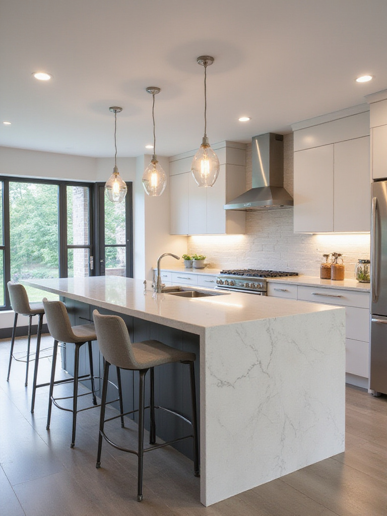 Modern kitchen island with cooktop, seating, and pendant lighting.
