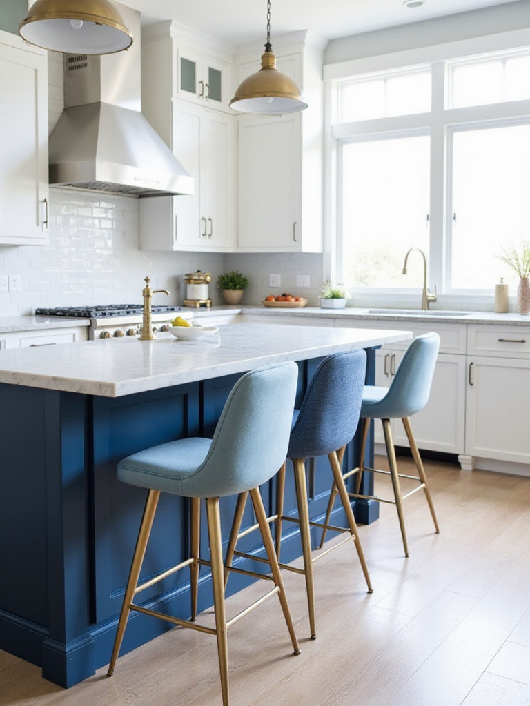 Chic blue bar stools at a navy blue kitchen island with white marble countertop.