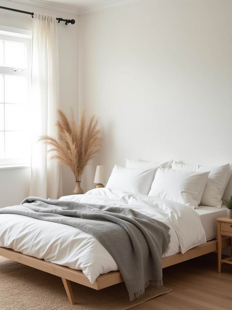 Japandi bedroom design featuring a low platform bed, neutral colors, natural textures, and minimalist decor.