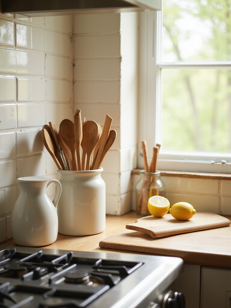Cottage kitchen countertop with wooden utensils and cutting board.