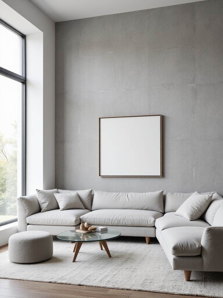 Modern living room with subtle gray tone-on-tone geometric wallpaper.