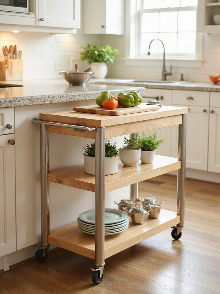 Modern kitchen with light wood and stainless steel kitchen cart holding vegetables and herbs.