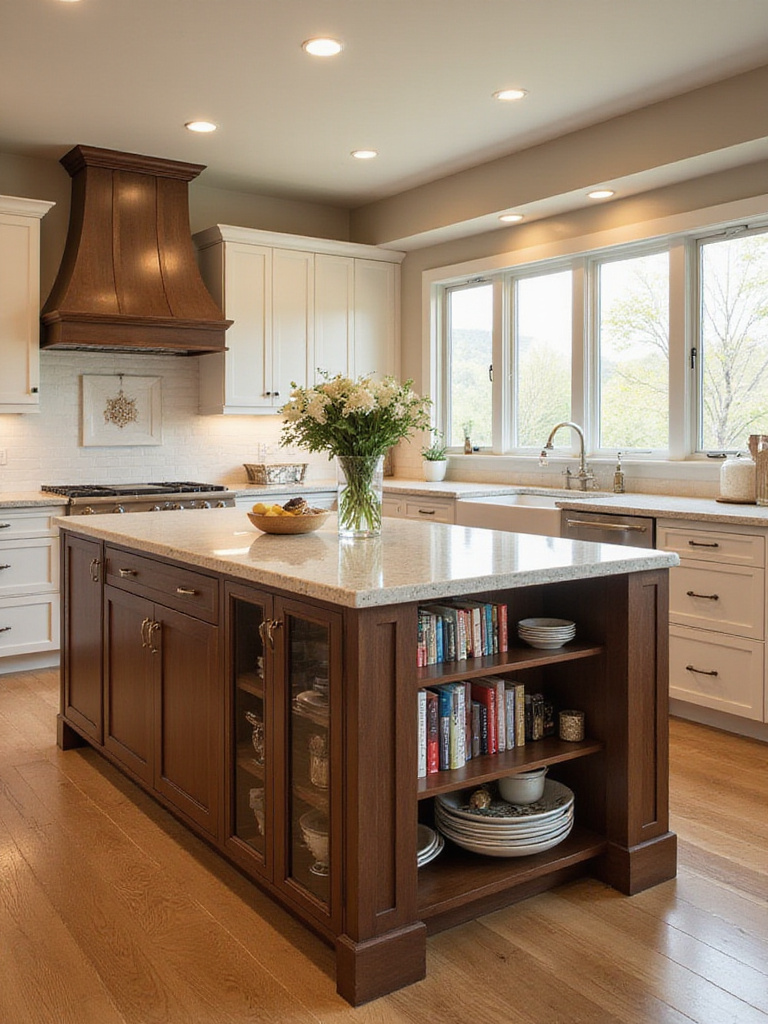 Modern kitchen island with ample storage featuring drawers, cabinets, and open shelving.