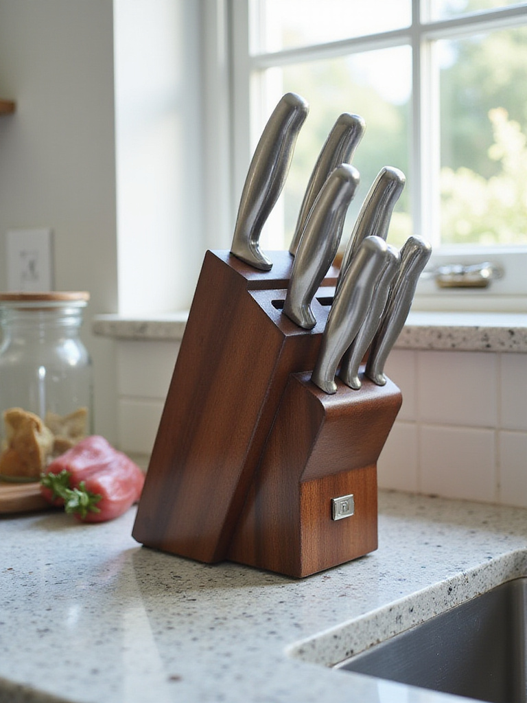 Stylish dark wood knife block on a modern kitchen countertop.