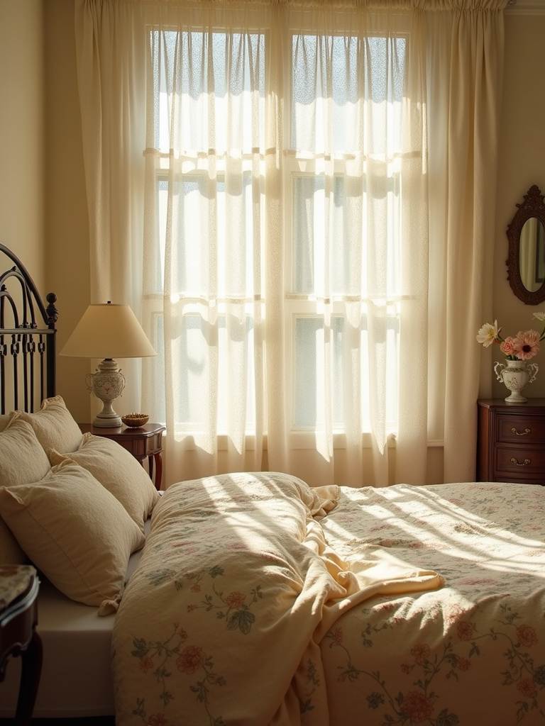 Vintage bedroom with soft lace curtains creating a romantic atmosphere