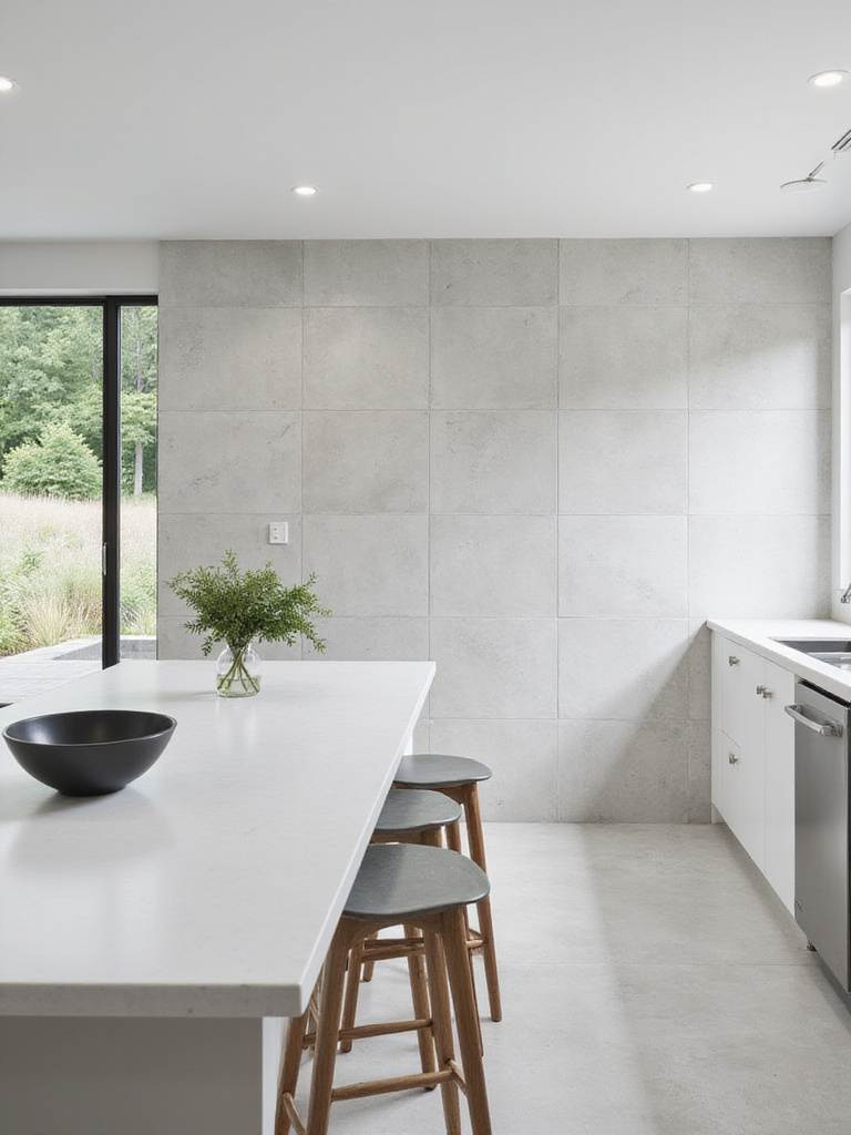 Contemporary kitchen backsplash featuring large format concrete-look tiles.