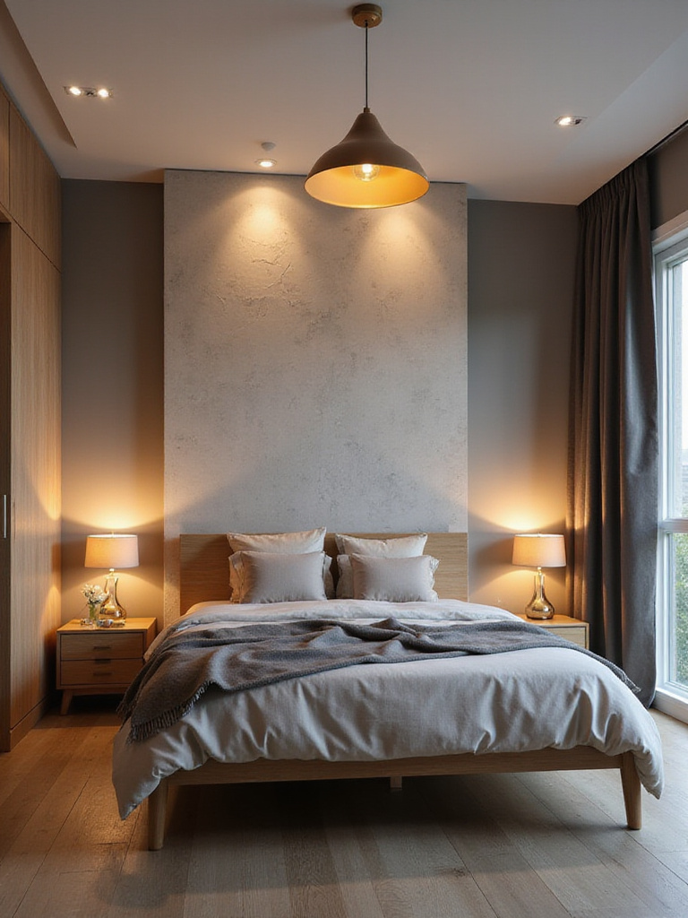 Bedroom interior showcasing layered lighting with ambient, task, and accent lights